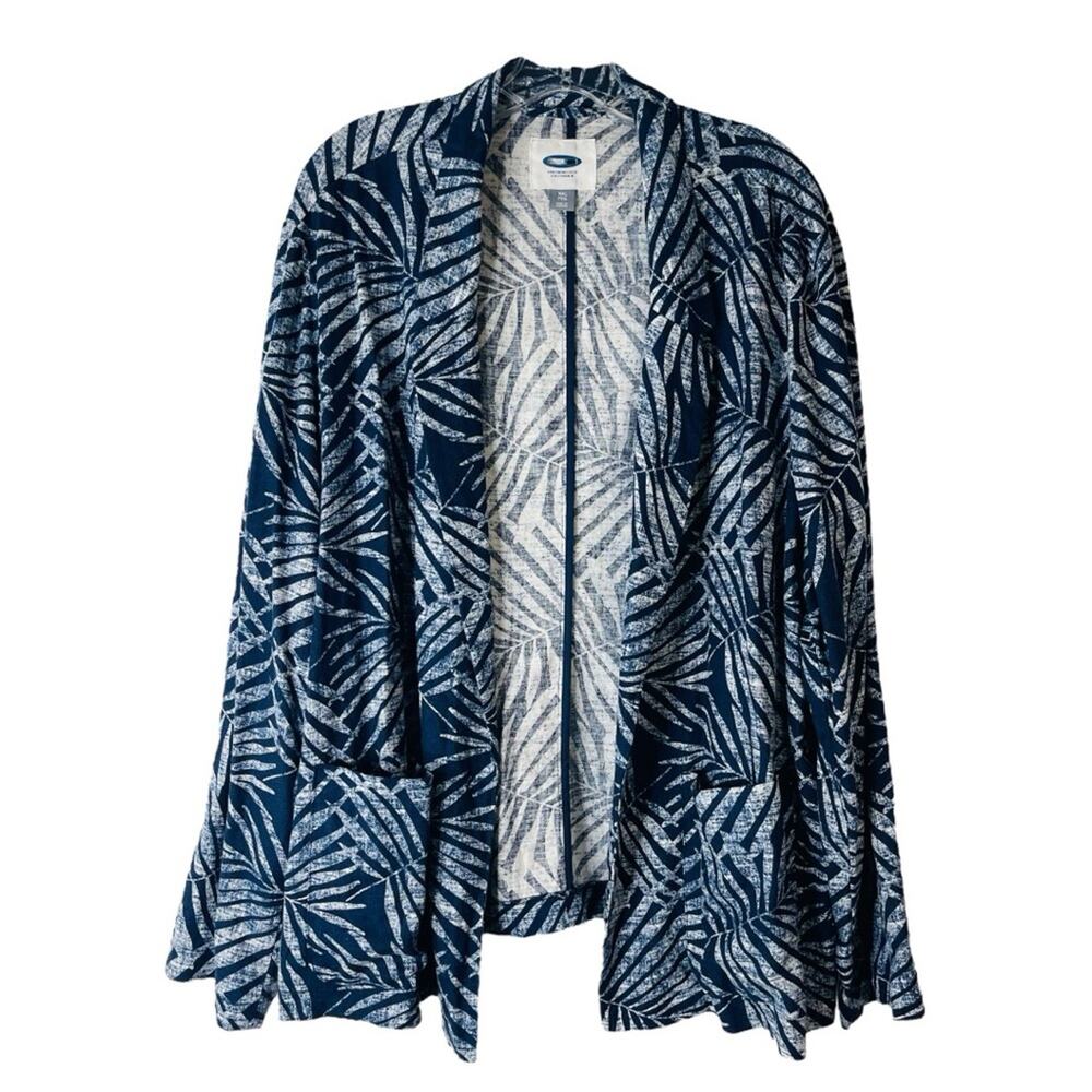 Old Navy blue white palm tropical linen lightweight open jacket XXL